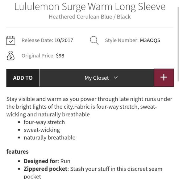 Lululemon Surge Warm Long Sleeve Blue shirt with zip pocket size S - Picture 10 of 11